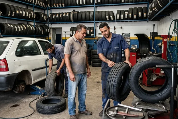 Especialistas em Alagoinhas avaliando diferentes modelos de pneus.