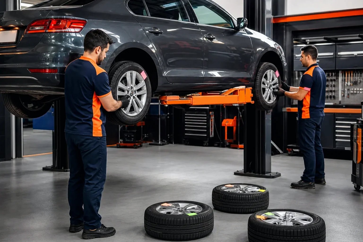 Funcionários realizando rodízio de pneus em um carro em Alagoinhas.