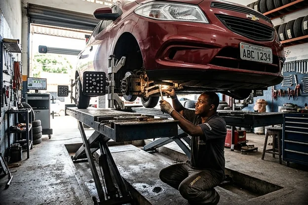 Técnico ajustando alinhamento de rodas de um carro em Alagoinhas.