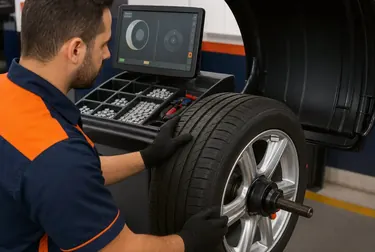 Técnico balanceando rodas de um veículo em Alagoinhas.