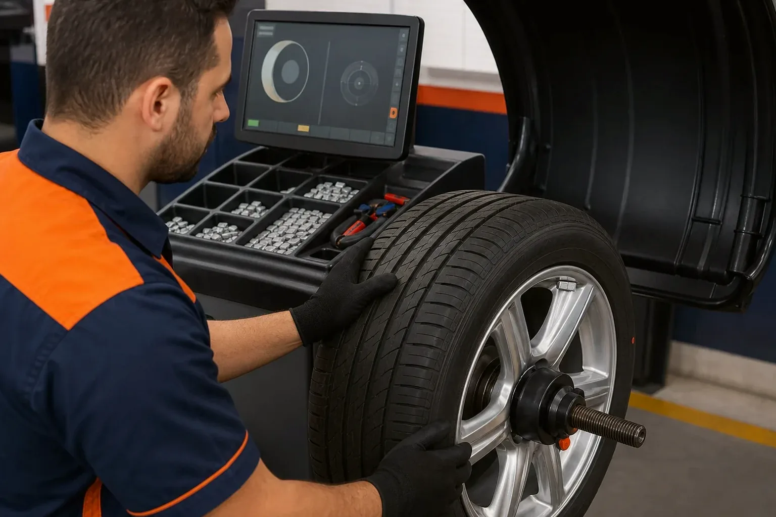 Técnico balanceando rodas de um veículo em Alagoinhas.