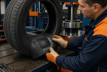 Técnico realizando vulcanização de um pneu em Alagoinhas.
